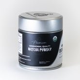 Pure matcha tea powder tin package on white background - back side